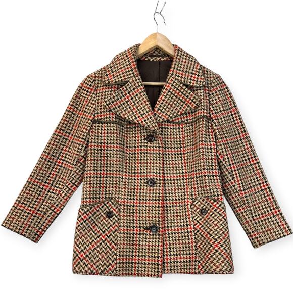 Vintage 60s Adler Womens Wool Coat Houndstooth Plaid Tailored Notch Collar XS-S